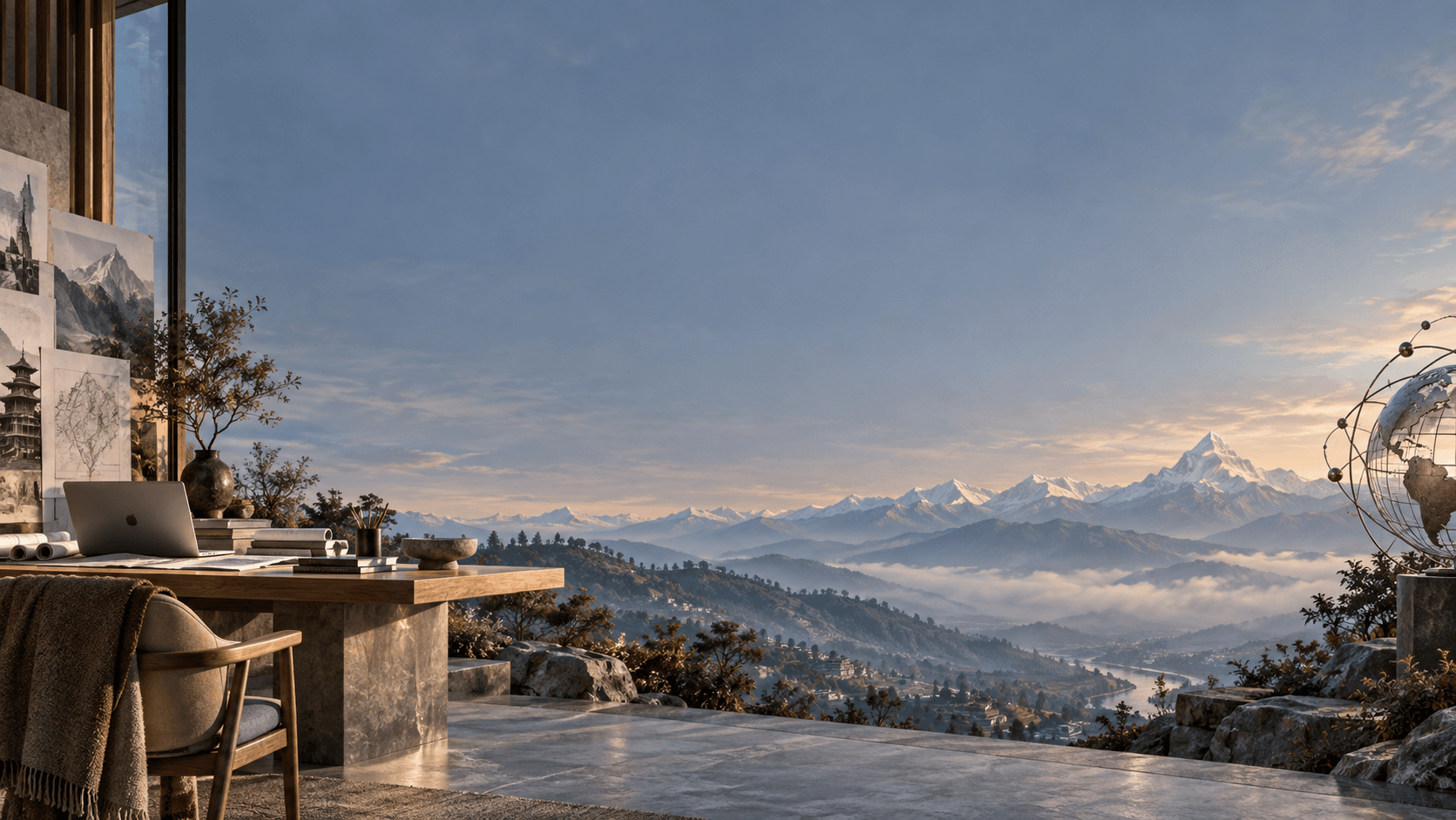 A mountain-view restaurant terrace in warm afternoon light