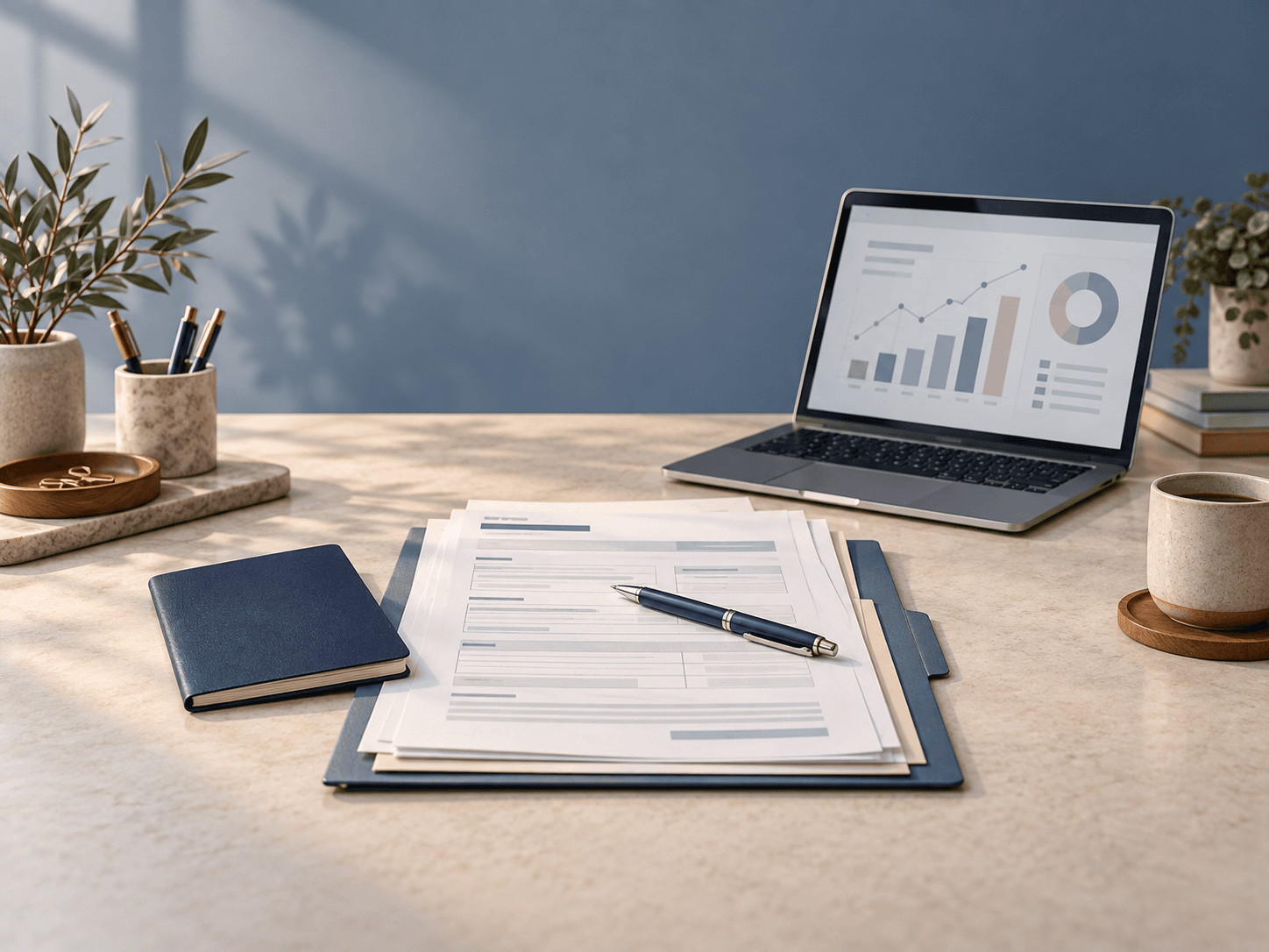 Application forms, a document booklet, and a laptop on a tidy desk